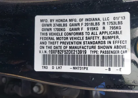 2013 Honda Civic Lx from USA, damaged, VIN 19XFB2F52DE213919